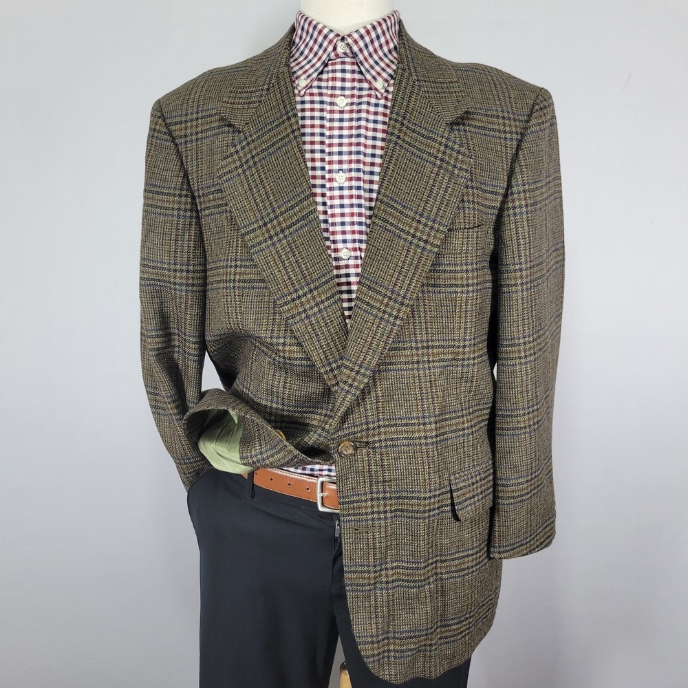 Oscar De La Renta Men's Sport Coat Blazer Two Button Olive Tweed Plaid Wool 44R
